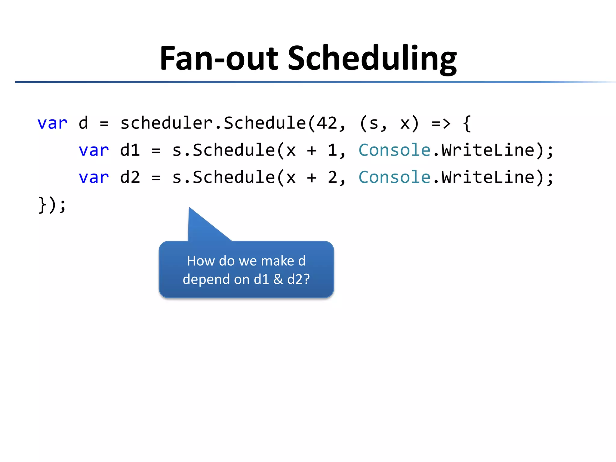 Change Program.Main to use the AppDomainSchedulerReimplementGenerateObservable.SubscribeChallenge: AppDomains