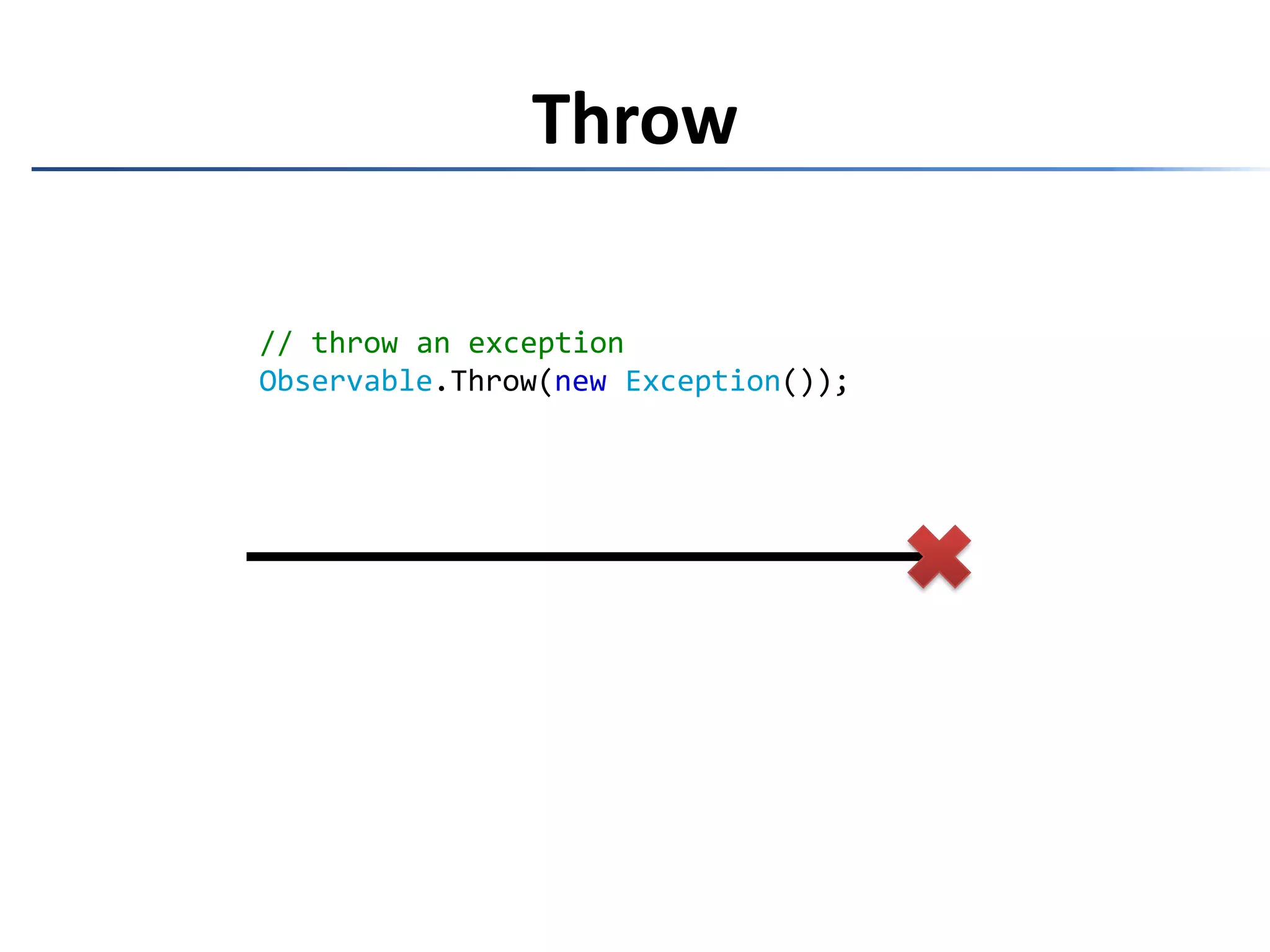 Throw// throw an exceptionObservable.Throw(newException());