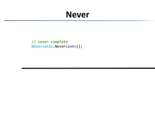 Never// never completeObservable.Never<int>();