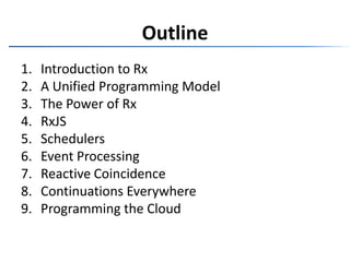 OutlineIntroduction to RxA Unified Programming ModelThe Power of RxRxJSSchedulersEvent ProcessingReactive CoincidenceContinuations EverywhereProgramming the Cloud