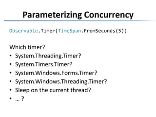 The Reactive ExtensionsRx is …a set of types representing asynchronous data streamsa set of operators to query asynchronous data streamsa set of types to parameterize concurrencyRx = Observables + LINQ + Schedulers