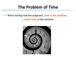 Some operators have time-based semanticsObservable.Timer(TimeSpan.FromSeconds(1)) .Buffer(TimeSpan.FromSeconds(1))The Problem of Time604512301423561s1s1s1s1s1s1s1s1s1s1s1s1s1s