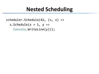 var d = scheduler.Schedule(42, (s, x) => {var d1 = s.Schedule(x + 1, Console.WriteLine);vard2 = s.Schedule(x + 2, Console.WriteLine);  return newCompositeDisposable(d1, d2);});Fan-out Scheduling