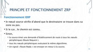 PRINCIPE ET FONCTIONNEMENT ZRP
11
Fonctionnement IERP
• le nœud source vérifie d’abord que le destinataire se trouve dans sa
zone ou pas.
• Si le cas , le chemin est connu.
• Sinon,
• la source émet une demande d’établissement de route à tous les nœuds
périphériques (Route Request ).
• tous les nœuds périphériques exécutent le même algorithme.
• Un signal « Route Reply » est envoyer en retour à la source.
 