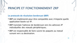 PRINCIPE ET FONCTIONNEMENT ZRP
Le protocole de résolution bordercast (BRP)
• BRP est implémenté pour être compatible avec n'importe quelle
application basée sur IP.
• BRP translate l'adresse de bordercast vers les adresses IP
individuelles des noeuds périphériques.
• BRP est responsable de faire suivre les paquets au noeud
suivant vers sa destination.
13
 