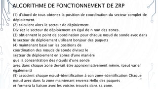 ALGORITHME DE FONCTIONNEMENT DE ZRP
(1) d'abord de tous obtenez la position de coordination du secteur complet de
déploiement.
(2) calculent alors le secteur de déploiement.
Divisez le secteur de déploiement en égal de n non des zones.
(3) obtiennent le point de coordination pour chaque nœud de sonde avec dans
le secteur de déploiement utilisant bonjour des paquets
(4) maintenant basé sur les positions de
coordination des nœuds de sonde divisez le
secteur de déploiement en zones d'une manière
que la concentration des nœuds d'une sonde
avec dans chaque zone devrait être approximativement même. (peut varier
également)
(5) associent chaque nœud-identification à son zone-identification Chaque
nœud avec dans la zone maintenant enverra Hello des paquets
et formera la liaison avec les voisins trouvés dans sa zone.
29
 