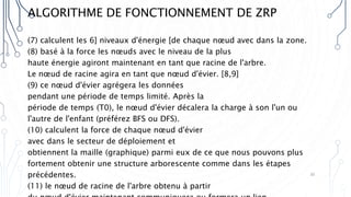 ALGORITHME DE FONCTIONNEMENT DE ZRP
(7) calculent les 6] niveaux d'énergie [de chaque nœud avec dans la zone.
(8) basé à la force les nœuds avec le niveau de la plus
haute énergie agiront maintenant en tant que racine de l'arbre.
Le nœud de racine agira en tant que nœud d'évier. [8,9]
(9) ce nœud d'évier agrégera les données
pendant une période de temps limité. Après la
période de temps (T0), le nœud d'évier décalera la charge à son l'un ou
l'autre de l'enfant (préférez BFS ou DFS).
(10) calculent la force de chaque nœud d'évier
avec dans le secteur de déploiement et
obtiennent la maille (graphique) parmi eux de ce que nous pouvons plus
fortement obtenir une structure arborescente comme dans les étapes
précédentes.
(11) le nœud de racine de l'arbre obtenu à partir
30
 