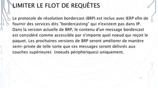 LIMITER LE FLOT DE REQUÊTES
Le protocole de résolution bordercast (BRP) est inclus avec IERP efin de
fournir des services dits "bordercasting" qui n'existent pas dans IP.
Dans la version actuelle de BRP, le contenu d'un message bordercast
est considéré comme accessible par n'importe quel noeud qui reçoit le
paquet. Les prochaines versions de BRP seront améliorer de manière
semi-privée de telle sorte que ces messages seront délivrés aux
couches supérieures (noeuds périphériques) uniquement.
31
 