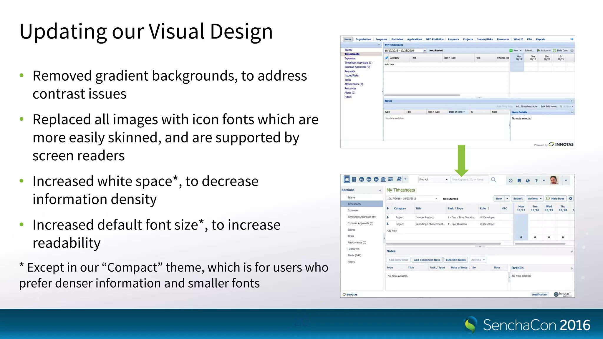 Updating our Visual Design
• Removed gradient backgrounds, to address
contrast issues
• Replaced all images with icon fonts which are
more easily skinned, and are supported by
screen readers
• Increased white space*, to decrease
information density
• Increased default font size*, to increase
readability
* Except in our “Compact” theme, which is for users who
prefer denser information and smaller fonts
20
 