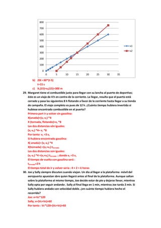 b) 20t =30*(t-5)
t=15 s
c) X1(15)=x2(15)=300 m
29. Margaret tiene el combustible justo para llegar con su lancha al puerto de deportivo;
éste es un viaje de 4 h en contra de la corriente. La llegar, resulta que el puerto está
cerrado y pasa las siguientes 8 h flotando a favor de la corriente hasta llegar a su tienda
de campaña. El viaje completo es pues de 12 h. ¿Cuánto tiempo hubiera invertido si
hubiese encontrado combustible en el puerto?
Primera part ir y volver sin gasolina:
X(anada)=(vL-vc) *4
X (tornada, flotando)=vc *8
Las dos distancias són iguales:
(vL-vc) *4= vc *8
Por tanto: vL =3 vc
Si hubiera encontrado gasolina:
X( anada)= (vL-vc) *4
X(tornada) =(vL+vc) ttornada
Las dos distancias son iguales:
(vL-vc) *4 =(vL+vc) ttornada ; donde vL =3 vc
El tiempo de vuelta con gasolina será :
ttornada=2 h
El tiempo total de ir y volver seria : 4 + 2 = 6 horas
30. Joe y Sally siempre discuten cuando viajan. Un dia al llegar a la plataforma móvil del
aeropuerto apuestan sbre quien llegará antes al final de la plataforma. Aunque saltan
sobre la plataforma al mismo tiempo, Joe decide estar de pie y dejarse llevar, mientras
Sally opta por seguir andando . Sally al final llega en 1 min, mientras Joe tarda 2 min. Si
Sally hubiera andado con velocidad doble. ¿en cuánto tiempo hubiera hecho el
recorrido?
Joe: x=Vc*120
Sally; x=(Vc+Vs)+60
Por tanto : Vc*120=(Vc+Vs)+60
0
100
200
300
400
500
600
700
800
0 5 10 15 20 25 30 35
x1
x2
 