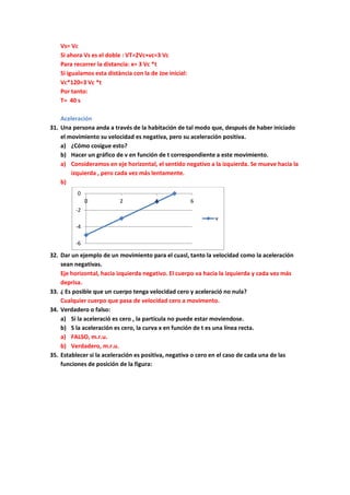 Vs= Vc
Si ahora Vs es el doble : VT=2Vc+vc=3 Vc
Para recorrer la distancia: x= 3 Vc *t
Si igualamos esta distància con la de Joe inicial:
Vc*120=3 Vc *t
Por tanto:
T= 40 s
Aceleración
31. Una persona anda a través de la habitación de tal modo que, después de haber iniciado
el movimiento su velocidad es negativa, pero su aceleración positiva.
a) ¿Cómo cosigue esto?
b) Hacer un gráfico de v en función de t correspondiente a este movimiento.
a) Consideramos en eje horizontal, el sentido negativo a la izquierda. Se mueve hacia la
izquierda , pero cada vez más lentamente.
b)
32. Dar un ejemplo de un movimiento para el cuasl, tanto la velocidad como la aceleración
sean negativas.
Eje horizontal, hacia izquierda negativo. El cuerpo va hacia la izquierda y cada vez más
deprisa.
33. ¿ Es posible que un cuerpo tenga velocidad cero y aceleració no nula?
Cualquier cuerpo que pasa de velocidad cero a movimento.
34. Verdadero o falso:
a) Si la aceleració es cero , la partícula no puede estar moviendose.
b) S la aceleración es cero, la curva x en función de t es una línea recta.
a) FALSO, m.r.u.
b) Verdadero, m.r.u.
35. Establecer si la aceleración es positiva, negativa o cero en el caso de cada una de las
funciones de posición de la figura:
-6
-4
-2
0
0 2 4 6
v
 