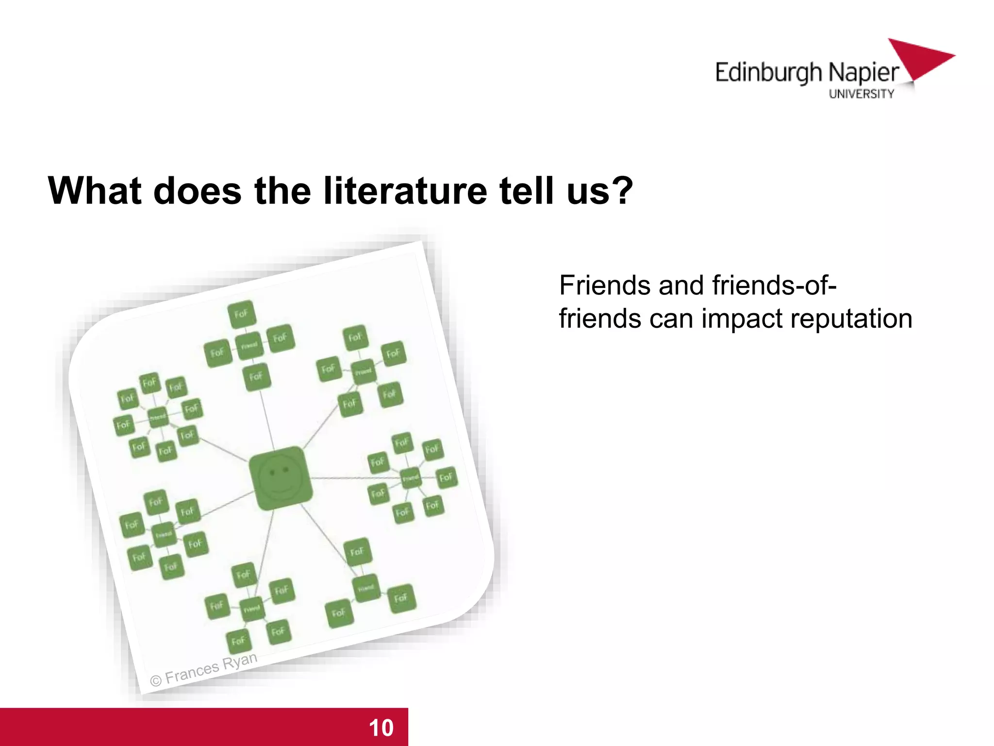 What does the literature tell us?
Friends and friends-of-
friends can impact reputation
1 2 3 4 5 6 7 8 9 10
 