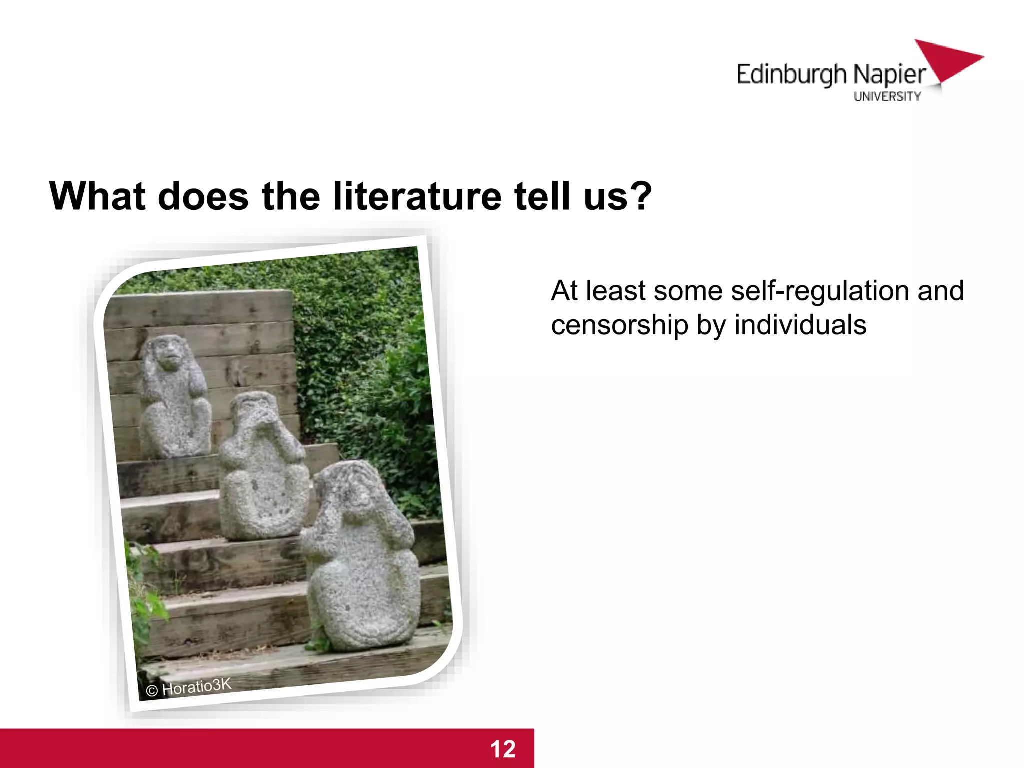 1 2 3 4 5 6 7 8 9 10 11 12
At least some self-regulation and
censorship by individuals
What does the literature tell us?
 