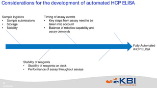 Confidential
16
Considerations for the development of automated HCP ELISA
Fully Automated
rHCP ELISA
Sample logistics
• Sample submissions
• Storage
• Stability
Stability of reagents
• Stability of reagents on deck
• Performance of assay throughout assays
Timing of assay events
• Key steps from assay need to be
taken into account
• Balance of robotics capability and
assay demands
 