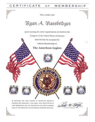 Ryan A. Nassbridges Receives Certificate of Membership to American Legion