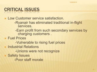 12/6/2013

CRITICAL ISSUES






Low Customer service satisfaction.
-Ryanair has eliminated traditional in-flight
services.
-Earn profit from such secondary services by
charging customers .
Fuel Prices
-Vulnerable to rising fuel prices
Industrial Relations
-Unions were not recognize
Safety Issues
-Poor staff morale
14

 