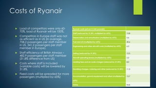 Costs of Ryanair
 Load of competitors were only 60-
70%, load of Ryanair will be 100%.
 Competitors in Europe staff was not
as efficient as in US (in average,
708,2 passengers per staff member
in US, 341,2 passengers per staff
member in Europe).
 Staff efficiency of British Airways –
482,9 passengers per staff member
(31,8% difference from US)
 Costs where staff is included
(variable costs) will be lowered by
31,8%.
 Fixed costs will be spreaded for more
passengers (multiplied by 65%)
Ryanair costs (prices in Irish pounds):
Staff (reduced by 31,8%, multiplied by 65%) 15,8
Depreciation and amortization (multiplied by 65%) 5,6
Fuel and oil (multiplied by 65%) 20,6
Engineering and other aircraft costs (multiplied by 65%) 6,3
Selling (reduced by 31,8%) 12,3
Aircraft operating leases (multiplied by 65%) 2,2
Landing fees and en route charges (reduced by 31,8%) 8,0
Handling charges, catering and other (reduced by 31,8%) 11,3
Accomodation, ground equipment and other (multiplied by
65%)
12,7
TOTAL 94,8
 
