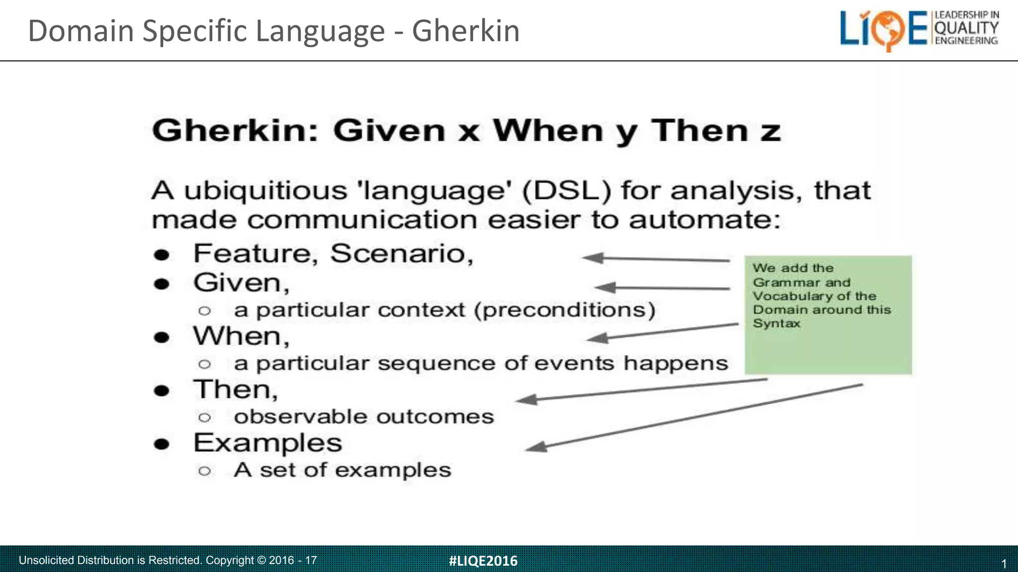 1#LIQE2016Unsolicited Distribution is Restricted. Copyright © 2016 - 17
Domain Specific Language - Gherkin