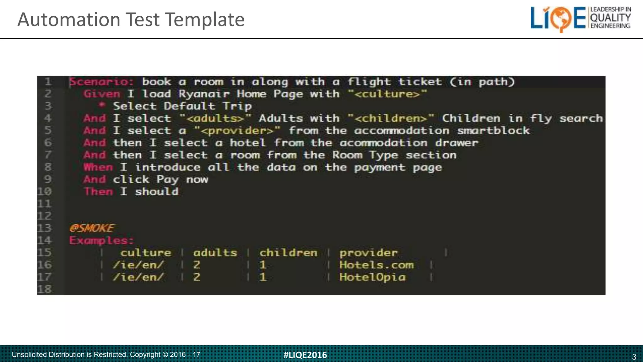 3#LIQE2016Unsolicited Distribution is Restricted. Copyright © 2016 - 17
Automation Test Template