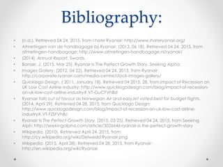 Bibliography:
• (n.d.). Retrieved 04 24, 2015, from I hate Ryanair: http://www.ihateryanair.org/
• Afmetingen van de handbagage bij Ryanair. (2013, 06 18). Retrieved 04 24, 2015, from
afmetingen-handbagage: http://www.afmetingen-handbagage.nl/ryanair/
• (2014). Annual Report. Swords.
• Banser, J. (2015, Mar 25). Ryanair Is The Perfect Growth Story. Seeking Alpha.
• Images Gallery. (2012, 04 22). Retrieved 04 24, 2015, from Ryanair:
http://corporate.ryanair.com/media-centre/stock-images-gallery/
• Quicklogo Design. ( 2011, January 18). Retrieved 04 2015, 28, from Impact of Recession on
UK Low Cost Airline Industry: http://www.quicklogodesign.com/blog/impact-of-recession-
on-uk-low-cost-airline-industry#.VT-GuCFVhBd
• Ryanair falls out of favour as Norwegian Air and easyJet voted best for budget flights.
(2014, April 29). Retrieved 04 28, 2015, from Quicklogo Design:
http://www.quicklogodesign.com/blog/impact-of-recession-on-uk-low-cost-airline-
industry#.VT-FZSFVhBc
• Ryanair Is The Perfect Growth Story. (2015, 03 25). Retrieved 04 24, 2015, from Seeking
Alph: http://seekingalpha.com/article/3026646-ryanair-is-the-perfect-growth-story
• Wikipedia. (2010). Retrieved April 24, 2015, from
http://cy.wikipedia.org/wiki/Delwedd:Ryanair.png
• Wikipedia. (2015, April 28). Retrieved 04 28, 2015, from Ryanair:
http://en.wikipedia.org/wiki/Ryanair
 