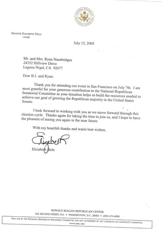 Ryan A Nassbridges receives Thank You Letter from Senator Elizabeth Dole