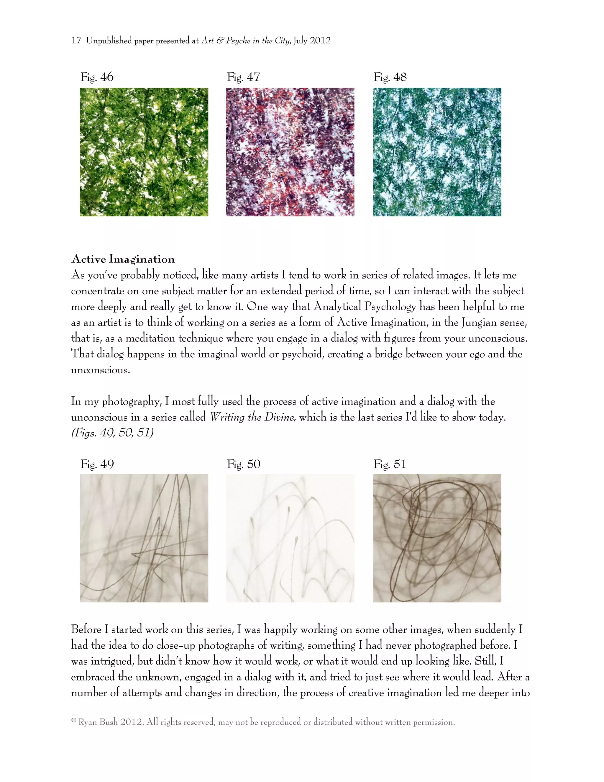 Fig. 46 Fig. 47 Fig. 48
Active Imagination
As you’ve probably noticed, like many artists I tend to work in series of related images. It lets me
concentrate on one subject matter for an extended period of time, so I can interact with the subject
more deeply and really get to know it. One way that Analytical Psychology has been helpful to me
as an artist is to think of working on a series as a form of Active Imagination, in the Jungian sense,
that is, as a meditation technique where you engage in a dialog with ﬁgures from your unconscious.
That dialog happens in the imaginal world or psychoid, creating a bridge between your ego and the
unconscious.
In my photography, I most fully used the process of active imagination and a dialog with the
unconscious in a series called Writing the Divine, which is the last series I’d like to show today.
(Figs. 49, 50, 51)
Fig. 49 Fig. 50 Fig. 51
Before I started work on this series, I was happily working on some other images, when suddenly I
had the idea to do close-up photographs of writing, something I had never photographed before. I
was intrigued, but didn’t know how it would work, or what it would end up looking like. Still, I
embraced the unknown, engaged in a dialog with it, and tried to just see where it would lead. After a
number of attempts and changes in direction, the process of creative imagination led me deeper into
17 Unpublished paper presented at Art & Psyche in the City, July 2012
© Ryan Bush 2012. All rights reserved, may not be reproduced or distributed without written permission.
 