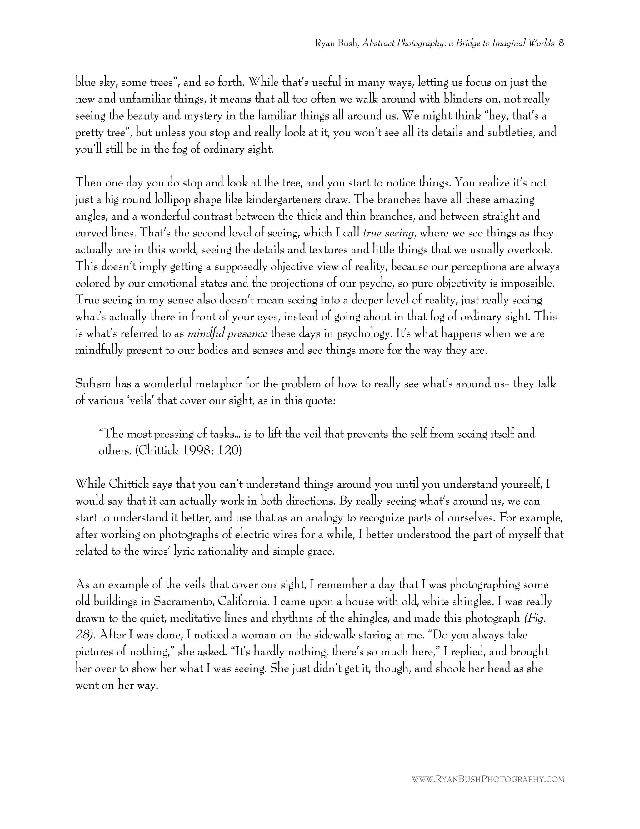 blue sky, some trees”, and so forth. While that’s useful in many ways, letting us focus on just the
new and unfamiliar things, it means that all too often we walk around with blinders on, not really
seeing the beauty and mystery in the familiar things all around us. We might think “hey, that’s a
pretty tree”, but unless you stop and really look at it, you won’t see all its details and subtleties, and
you’ll still be in the fog of ordinary sight.
Then one day you do stop and look at the tree, and you start to notice things. You realize it’s not
just a big round lollipop shape like kindergarteners draw. The branches have all these amazing
angles, and a wonderful contrast between the thick and thin branches, and between straight and
curved lines. That’s the second level of seeing, which I call true seeing, where we see things as they
actually are in this world, seeing the details and textures and little things that we usually overlook.
This doesn’t imply getting a supposedly objective view of reality, because our perceptions are always
colored by our emotional states and the projections of our psyche, so pure objectivity is impossible.
True seeing in my sense also doesn’t mean seeing into a deeper level of reality, just really seeing
what’s actually there in front of your eyes, instead of going about in that fog of ordinary sight. This
is what’s referred to as mindful presence these days in psychology. It’s what happens when we are
mindfully present to our bodies and senses and see things more for the way they are.
Suﬁsm has a wonderful metaphor for the problem of how to really see what’s around us- they talk
of various ‘veils’ that cover our sight, as in this quote:
“The most pressing of tasks… is to lift the veil that prevents the self from seeing itself and
others. (Chittick 1998: 120)
While Chittick says that you can’t understand things around you until you understand yourself, I
would say that it can actually work in both directions. By really seeing what’s around us, we can
start to understand it better, and use that as an analogy to recognize parts of ourselves. For example,
after working on photographs of electric wires for a while, I better understood the part of myself that
related to the wires’ lyric rationality and simple grace.
As an example of the veils that cover our sight, I remember a day that I was photographing some
old buildings in Sacramento, California. I came upon a house with old, white shingles. I was really
drawn to the quiet, meditative lines and rhythms of the shingles, and made this photograph (Fig.
28). After I was done, I noticed a woman on the sidewalk staring at me. “Do you always take
pictures of nothing,” she asked. “It’s hardly nothing, there’s so much here,” I replied, and brought
her over to show her what I was seeing. She just didn’t get it, though, and shook her head as she
went on her way.
Ryan Bush, Abstract Photography: a Bridge to Imaginal Worlds 8
WWW.RYANBUSHPHOTOGRAPHY.COM
 