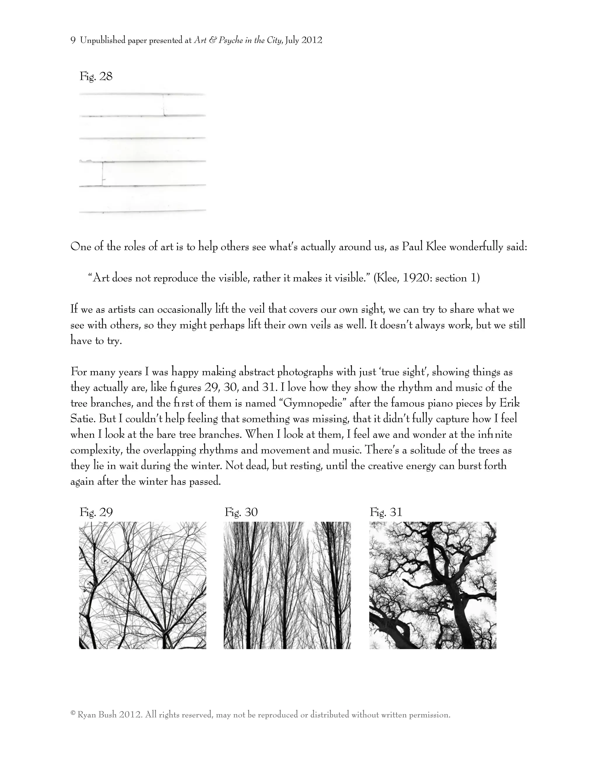 Fig. 28
One of the roles of art is to help others see what’s actually around us, as Paul Klee wonderfully said:
“Art does not reproduce the visible, rather it makes it visible.” (Klee, 1920: section 1)
If we as artists can occasionally lift the veil that covers our own sight, we can try to share what we
see with others, so they might perhaps lift their own veils as well. It doesn’t always work, but we still
have to try.
For many years I was happy making abstract photographs with just ‘true sight’, showing things as
they actually are, like ﬁgures 29, 30, and 31. I love how they show the rhythm and music of the
tree branches, and the ﬁrst of them is named “Gymnopedie” after the famous piano pieces by Erik
Satie. But I couldn’t help feeling that something was missing, that it didn’t fully capture how I feel
when I look at the bare tree branches. When I look at them, I feel awe and wonder at the inﬁnite
complexity, the overlapping rhythms and movement and music. There’s a solitude of the trees as
they lie in wait during the winter. Not dead, but resting, until the creative energy can burst forth
again after the winter has passed.
Fig. 29 Fig. 30 Fig. 31
9 Unpublished paper presented at Art & Psyche in the City, July 2012
© Ryan Bush 2012. All rights reserved, may not be reproduced or distributed without written permission.
 