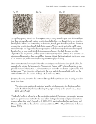 Fig. 35 Fig. 36 Fig. 37
At a gallery opening where I was showing this series, a young man who grew up in Maine told me
that these photographs really capture how the trees feel to him, even though they’re not how they
literally look. When I was ﬁrst working on this series, though, part of me felt conﬂicted about not
representing how the trees literally look. In the modern Western world, we tend to highly value
rational thought and supposedly objective perception, while dismissing other forms of seeing and
knowing. Just as some people think of dreams as mere fantasy, they look down on so-called
“ﬁgments of the imagination”, and say you’re just seeing things. Even for those of us who aren’t so
dismissive of imagination, there can still be a lingering attitude that imagination is just in your head,
it’s in no sense real, and is somehow less important than physical reality.
Many abstract artists, however, feel that what you imagine is real in some sense. Josef Albers, for
example, who painted the famous series Homage to the Square, said “I believe abstraction is real,
probably more real than nature.” Constantin Brancusi, known for his abstract sculptures like Bird
in Space, said “That which they call abstract is the most realistic, because what is real is not the
exterior but the idea, the essence of things.” (Kuh and Avis, 2011)
Jungians, of course, know that the contents of the psyche have their own level of reality, as in this
quote from Jung:
“The place or the medium of realization is neither mind nor matter, but that intermediate
realm of subtle reality which can be adequately expressed only by the symbol.” (C.G. Jung
1968 vol.12, ¶400)
This level of reality is referred to as the psychoid in Analytical Psychology, where matter becomes
spirit and spirit becomes matter. It’s the place where “both psychic image and physical instict mix
together, where they unite” (Samuels et al. 1986: 122), it’s the place of archetypes (Adams and
Duncan, 2003: 29) and the collective unconscious (Rossi 2004: 150), and the world of shamans
(Mann 2006).
Ryan Bush, Abstract Photography: a Bridge to Imaginal Worlds 12
WWW.RYANBUSHPHOTOGRAPHY.COM
 
