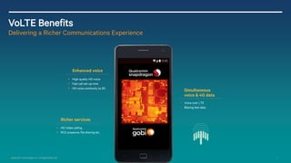 7 
Qualcomm Technologies, Inc. All Rights Reserved. 
VoLTE Benefits 
Delivering a Richer Communications Experience 
Voice over LTE 
Blazing fast data 
Simultaneous voice & 4G data 
Enhanced voice 
•High quality HD voice 
•Fast call set-up time 
•HD voice continuity to 3G 
Richer services 
•HD Video calling 
•RCS, presence, file sharing etc.  
