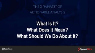 THE3 “WHATS” OF
ACTIONABLE ANALYSIS
What Is It?
What Does It Mean?
What Should We Do About It?
@RyanJones
 