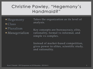  Hegemony
 Class
 Pluralism
 Managerialism
Christine Pawley, “Hegemony’s
Handmaid?”
Ryan P. Randall ∴ 2015 Symposium o...