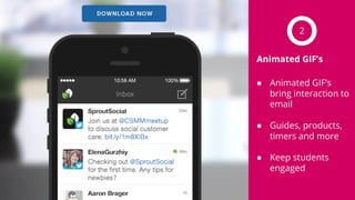 Animated GIF’s
● Animated GIF’s
bring interaction to
email
● Guides, products,
timers and more
● Keep students
engaged
2
 