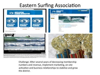 Eastern	
  Surﬁng	
  Associa3on	
  




Challenge:	
  Amer	
  several	
  years	
  of	
  decreasing	
  membership	
  
numbers	
  and	
  revenue,	
  implement	
  marke3ng,	
  on-­‐site	
  
ac3va3on	
  and	
  business	
  rela3onships	
  to	
  stabilize	
  and	
  grow	
  
the	
  district.	
  	
  
 