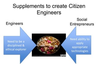 Supplements to create Citizen
             Engineers
                                                                                                      Social
Engineers                                                                                         Entrepreneurs


                                                                                                  Need ability to
 Need to be a                                                                                          apply
 disciplined &                                                                                      appropriate
ethical explorer                                                                                   technologies
                   http://www.flickr.com/photos/stevendepolo/7315274972/sizes/m/in/photostream/
 
