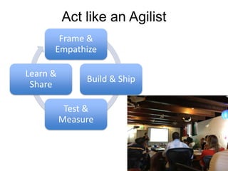 Act like an Agilist
       Frame &
      Empathize

Learn &
               Build & Ship
 Share

           Test &
          Measure
 