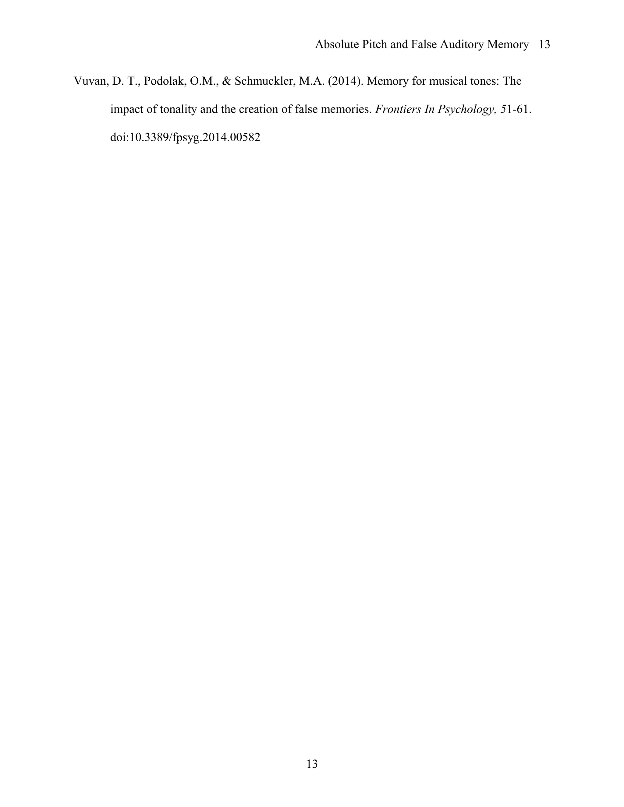 Absolute Pitch and False Auditory Memory
Vuvan, D. T., Podolak, O.M., & Schmuckler, M.A. (2014). Memory for musical tones: The
impact of tonality and the creation of false memories. Frontiers In Psychology, 51-61.
doi:10.3389/fpsyg.2014.00582
13
13
 