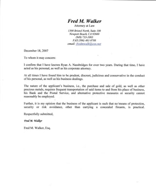 Ryan Nassbridges Letter Of Character from Fred Walker, Attorney at Law