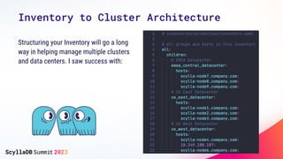 Inventory to Cluster Architecture
Structuring your Inventory will go a long
way in helping manage multiple clusters
and da...