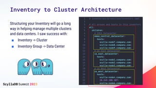 Inventory to Cluster Architecture
Structuring your Inventory will go a long
way in helping manage multiple clusters
and da...