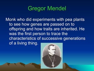 Gregor Mendel Monk who did experiments with pea plants to see how genes are passed on to offspring and how traits are inherited. He was the first person to trace the characteristics of successive generations of a living thing. 