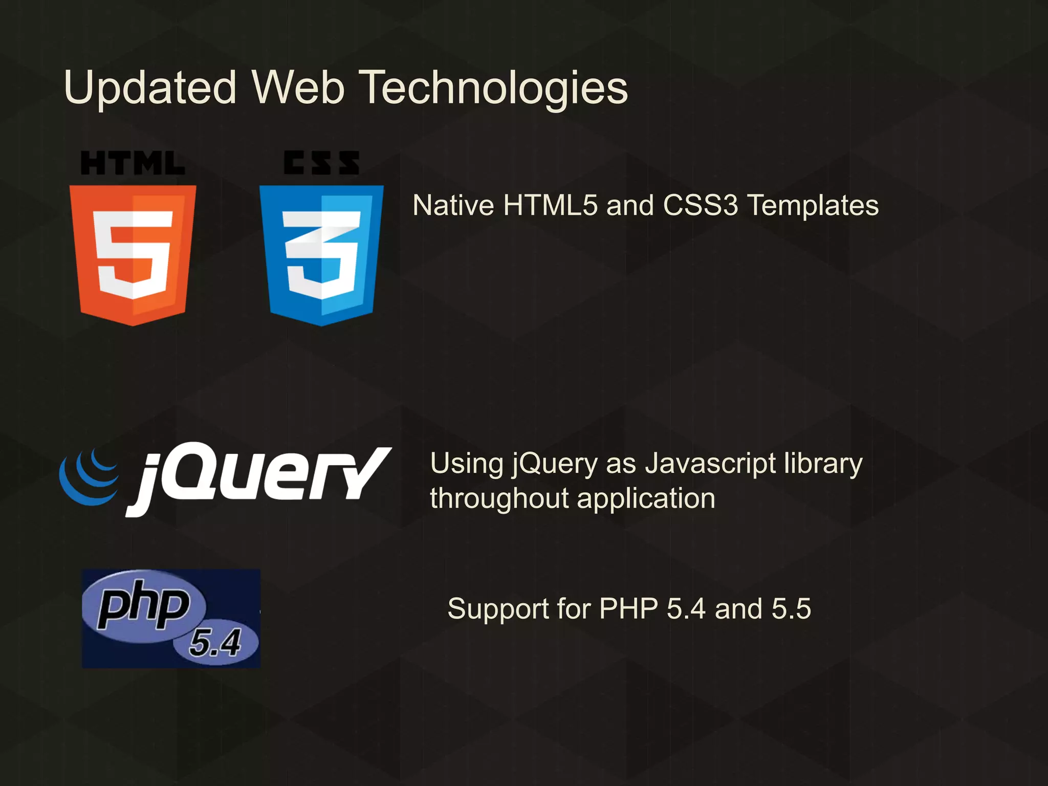 Updated Web Technologies
Native HTML5 and CSS3 Templates

Using jQuery as Javascript library
throughout application

Support for PHP 5.4 and 5.5

 