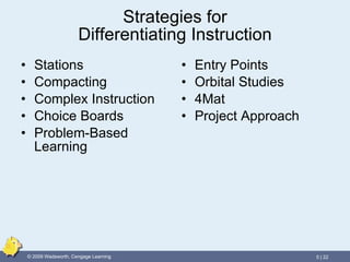 Strategies for Differentiating Instruction Stations Compacting Complex Instruction Choice Boards Problem-Based Learning Entry Points Orbital Studies 4Mat Project Approach 