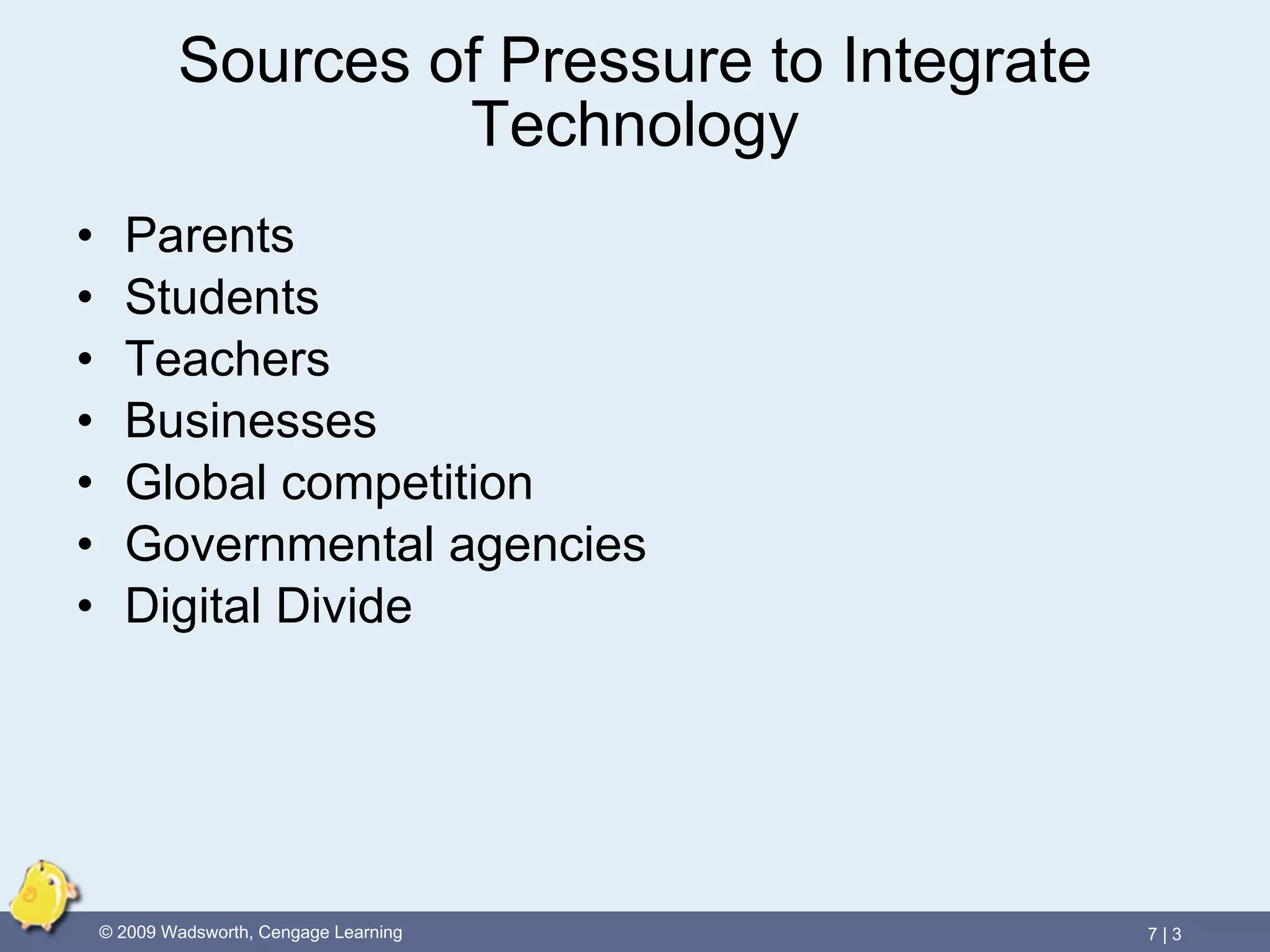 Sources of Pressure to Integrate Technology Parents  Students  Teachers  Businesses  Global competition  Governmental agencies Digital Divide 