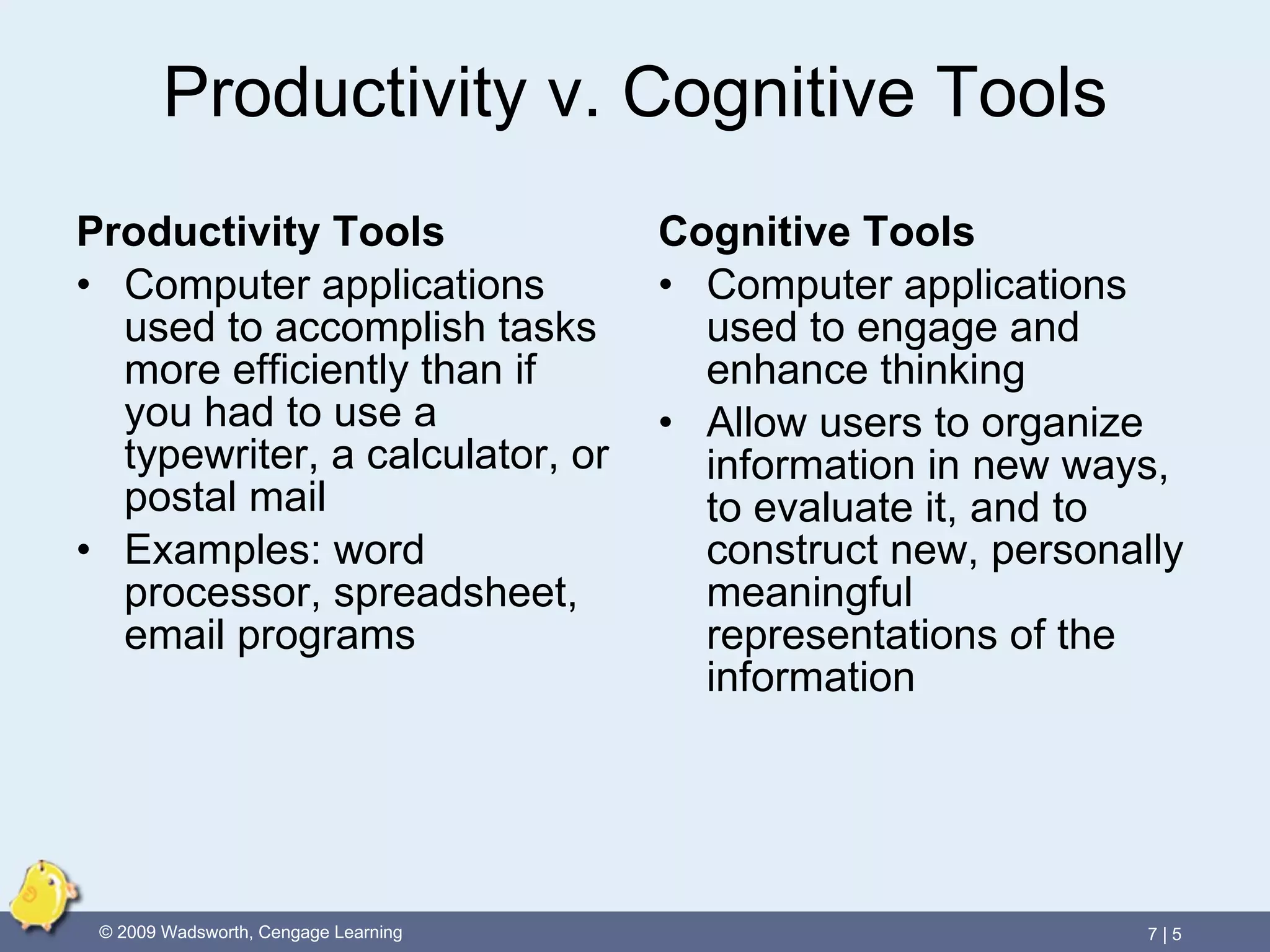 Productivity v. Cognitive Tools Productivity Tools Computer applications used to accomplish tasks more efficiently than if you had to use a typewriter, a calculator, or postal mail Examples: word processor, spreadsheet, email programs Cognitive Tools Computer applications used to engage and enhance thinking Allow users to organize information in new ways, to evaluate it, and to construct new, personally meaningful representations of the information 
