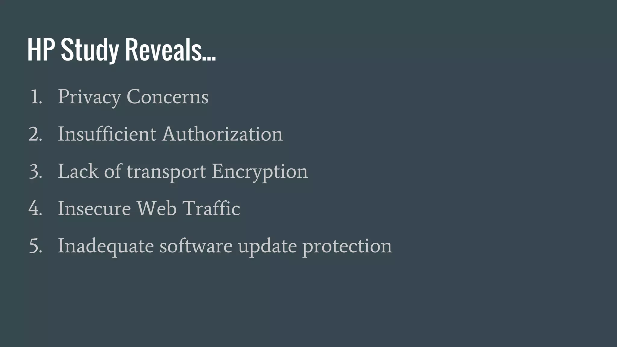 HP Study Reveals...
1. Privacy Concerns
2. Insufficient Authorization
3. Lack of transport Encryption
4. Insecure Web Traffic
5. Inadequate software update protection
 