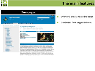 The main features
Taxon pages
Overview of data related to taxon

Generated from tagged content

 