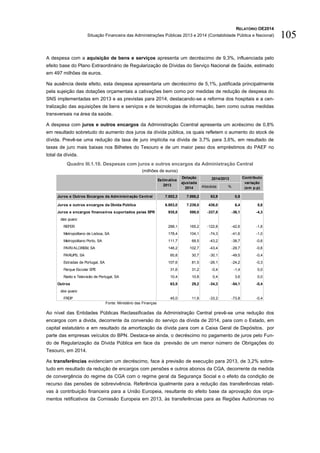 RELATÓRIO OE2014
Situação Financeira das Administrações Públicas 2013 e 2014 (Contabilidade Pública e Nacional) 105
A despesa com a aquisição de bens e serviços apresenta um decréscimo de 9,3%, influenciada pelo
efeito base do Plano Extraordinário de Regularização de Dívidas do Serviço Nacional de Saúde, estimado
em 497 milhões de euros.
Na ausência deste efeito, esta despesa apresentaria um decréscimo de 5,1%, justificada principalmente
pela sujeição das dotações orçamentais a cativações bem como por medidas de redução de despesa do
SNS implementadas em 2013 e as previstas para 2014, destacando-se a reforma dos hospitais e a cen-
tralização das aquisições de bens e serviços e de tecnologias de informação, bem como outras medidas
transversais na área da saúde.
A despesa com juros e outros encargos da Administração Ccentral apresenta um acréscimo de 0,8%
em resultado sobretudo do aumento dos juros da dívida pública, os quais refletem o aumento do stock de
dívida. Prevê-se uma redução da taxa de juro implícita na dívida de 3,7% para 3,6%, em resultado de
taxas de juro mais baixas nos Bilhetes do Tesouro e de um maior peso dos empréstimos do PAEF no
total da dívida.
Quadro III.1.10. Despesas com juros e outros encargos da Administração Central
(milhões de euros)
Fonte: Ministério das Finanças
Ao nível das Entidades Públicas Reclassificadas da Administração Central prevê-se uma redução dos
encargos com a divida, decorrente da conversão do serviço da dívida de 2014, para com o Estado, em
capital estatutário e em resultado da amortização da dívida para com a Caixa Geral de Depósitos, por
parte das empresas veículos do BPN. Destaca-se ainda, o decréscimo no pagamento de juros pelo Fun-
do de Regularização da Dívida Pública em face da previsão de um menor número de Obrigações do
Tesouro, em 2014.
As transferências evidenciam um decréscimo, face à previsão de execução para 2013, de 3,2% sobre-
tudo em resultado da redução de encargos com pensões e outros abonos da CGA, decorrente da medida
de convergência do regime da CGA com o regime geral da Segurança Social e o efeito da condição de
recurso das pensões de sobrevivência. Referência igualmente para a redução das transferências relati-
vas à contribuição financeira para a União Europeia, resultante do efeito base da aprovação dos orça-
mentos retificativos da Comissão Europeia em 2013, às transferências para as Regiões Autónomas no
Absoluta %
Juros e Outros Encargos da Administração Central 7.802,3 7.866,2 63,9 0,8
Juros e outros encargos da Dívida Pública 6.803,0 7.239,0 436,0 6,4 5,6
Juros e encargos financeiros suportados pelas EPR 935,8 598,0 -337,8 -36,1 -4,3
das quais:
REFER 288,1 165,2 -122,8 -42,6 -1,6
Metropolitano de Lisboa, SA 178,4 104,1 -74,3 -41,6 -1,0
Metropolitano Porto, SA 111,7 68,5 -43,2 -38,7 -0,6
PARVALOREM, SA 146,2 102,7 -43,4 -29,7 -0,6
PARUPS, SA 60,8 30,7 -30,1 -49,5 -0,4
Estradas de Portugal, SA 107,6 81,5 -26,1 -24,2 -0,3
Parque Escolar EPE 31,6 31,2 -0,4 -1,4 0,0
Radio e Televisão de Portugal, SA 10,4 10,8 0,4 3,6 0,0
Outros 63,5 29,2 -34,3 -54,1 -0,4
dos quais:
FRDP 45,0 11,8 -33,2 -73,8 -0,4
2014/2013 Contributo
variação
(em p.p)
Estimativa
2013
Dotação
ajustada
2014
 