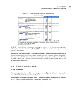 RELATÓRIO OE2014
Políticas Sectoriais para 2014 e Recursos Financeiros
135
Quadro IV.2.9. Limites de Despesa coberta por receitas gerais (*)
(milhões de euros)
(*) Os valores dos Programas em 2014 refletem as alterações de estrutura orgânica ocorridos em
2013 (DL n.º 119/2013 de 21 de agosto).
Fonte: Ministério das Finanças.
Em 2015, o total da despesa financiada por receitas gerais reduz-se em 0,5%, enquanto a despesa pri-
mária regista um ajustamento mais significativo (-1,6%) o que decorre do valor projetado para os encar-
gos com a dívida pública.
Importa ainda referir que o Programa “Finanças e Administração Pública” integra dotações específicas de
despesa não associadas ao funcionamento dos serviços. Neste programa estão incluídas as transferên-
cias para a Caixa Geral de Aposentações, para cobertura de encargos com pensões, as transferências
no âmbito do Capítulo 60 – «Despesas Excecionais» e ainda a Contribuição Financeira de Portugal para
a União Europeia – Capítulo 70.
IV.3. Órgãos de Soberania (P001)
IV.3.1. Orçamento
A estrutura orgânica do Programa 001 integra os orçamentos dos Órgãos de Soberania e as transferên-
cias no âmbito das leis das Finanças Locais e Regionais.
A despesa total consolidada do programa totaliza 2.989 milhões de euros, apresentando um acréscimo
de 3,4% (mais 99,4 milhões de euros) face à estimativa de execução de 2013.
Unidade: milhões de euros
2014 2015 2016 2017
Soberania P001 - Órgãos de soberania 2.975
P002 - Governação e Cultura 226
P005 - Representação Externa 285
P008 - Justiça 658
4.144 3.981
Segurança P006 - Defesa 1.694
P007 - Segurança Interna 1.615
3.309 3.208
Social P012 - Saúde 7.621
P013 - Ensino Básico e Secundário e Administração Escolar4.938
P014 - Ciência e Ensino Superior 1.296
P015 - Solidariedade Emprego e Segurança Social 9.358
23.213 22.853
Económica P003 - Finanças e Administração Pública 7.172
P004 - Gestão da Dívida Pública 7.239
P009 - Economia 222
P010 - Ambiente, O. Território e Energia 41
P011 - Agricultura e Mar 328
15.003 15.379
45.669 45.422 45.809 46.302
Subtotal agrupamento
Subtotal agrupamento
Subtotal agrupamento
Subtotal agrupamento
Total da Despesa
 