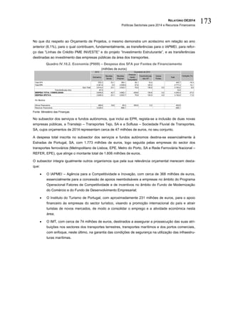 RELATÓRIO OE2014
Políticas Sectoriais para 2014 e Recursos Financeiros
173
No que diz respeito ao Orçamento de Projetos, o mesmo demonstra um acréscimo em relação ao ano
anterior (6,1%), para o qual contribuem, fundamentalmente, as transferências para o IAPMEI, para refor-
ço das “Linhas de Crédito PME INVESTE” e do projeto “Investimento Estruturante”, e as transferências
destinadas ao investimento das empresas públicas da área dos transportes.
Quadro IV.10.2. Economia (P009) – Despesa dos SFA por Fontes de Financiamento
(milhões de euros)
Fonte: Ministério das Finanças.
No subsector dos serviços e fundos autónomos, que inclui as EPR, regista-se a inclusão de duas novas
empresas públicas, a Transtejo – Transportes Tejo, SA e a Soflusa – Sociedade Fluvial de Transportes,
SA, cujos orçamentos de 2014 representam cerca de 47 milhões de euros, no seu conjunto.
A despesa total inscrita no subsector dos serviços e fundos autónomos destina-se essencialmente à
Estradas de Portugal, SA, com 1.773 milhões de euros, logo seguida pelas empresas do sector dos
transportes ferroviários (Metropolitano de Lisboa, EPE, Metro do Porto, SA e Rede Ferroviária Nacional –
REFER, EPE), que atinge o montante total de 1.606 milhões de euros.
O subsector integra igualmente outros organismos que pela sua relevância orçamental merecem desta-
que:
 O IAPMEI – Agência para a Competitividade e Inovação, com cerca de 368 milhões de euros,
essencialmente para a concessão de apoios reembolsáveis a empresas no âmbito do Programa
Operacional Fatores de Competitividade e de incentivos no âmbito do Fundo de Modernização
do Comércio e do Fundo de Desenvolvimento Empresarial;
 O Instituto do Turismo de Portugal, com aproximadamente 231 milhões de euros, para o apoio
financeiro às empresas do sector turístico, visando a promoção internacional do país e atrair
turistas de novos mercados, de modo a consolidar o emprego e a atividade económica nesta
área;
 O IMT, com cerca de 74 milhões de euros, destinados a assegurar a prossecução das suas atri-
buições nos sectores dos transportes terrestres, transportes marítimos e dos portos comerciais,
com enfoque, neste último, na garantia das condições de segurança na utilização das infraestru-
turas marítimas.
2013
Estimativa
Receitas
Gerais
Receitas
Próprias
Financia-
mento
Comunitário
Transferências
das AP
Outras
Fontes
Total
Total SFA 532,3 23,1 384,1 28,1 10,4 445,7 -16,3
Total EPR 2.381,8 0,0 2.549,6 47,8 120,0 2.717,4 14,1
Sub-Total 2.914,0 23,1 2.933,7 75,9 130,5 0,0 3.163,2 8,5
Transferências intra 87,5 10,5
DESPESA TOTAL CONSOLIDADA 5.845,6 42,7 3.662,1 429,6 130,6 0,0 4.254,4 -27,2
DESPESA EFETIVA 2.826,5 23,1 2.933,7 75,9 130,5 0,0 3.152,6 11,5
Por Memória
Ativos Financeiros 489,6 19,6 29,3 353,6 0,2 402,6
Passivos Financeiros 2.529,5 699,1 699,1
Orçamento de 2014
Variação (%)
 